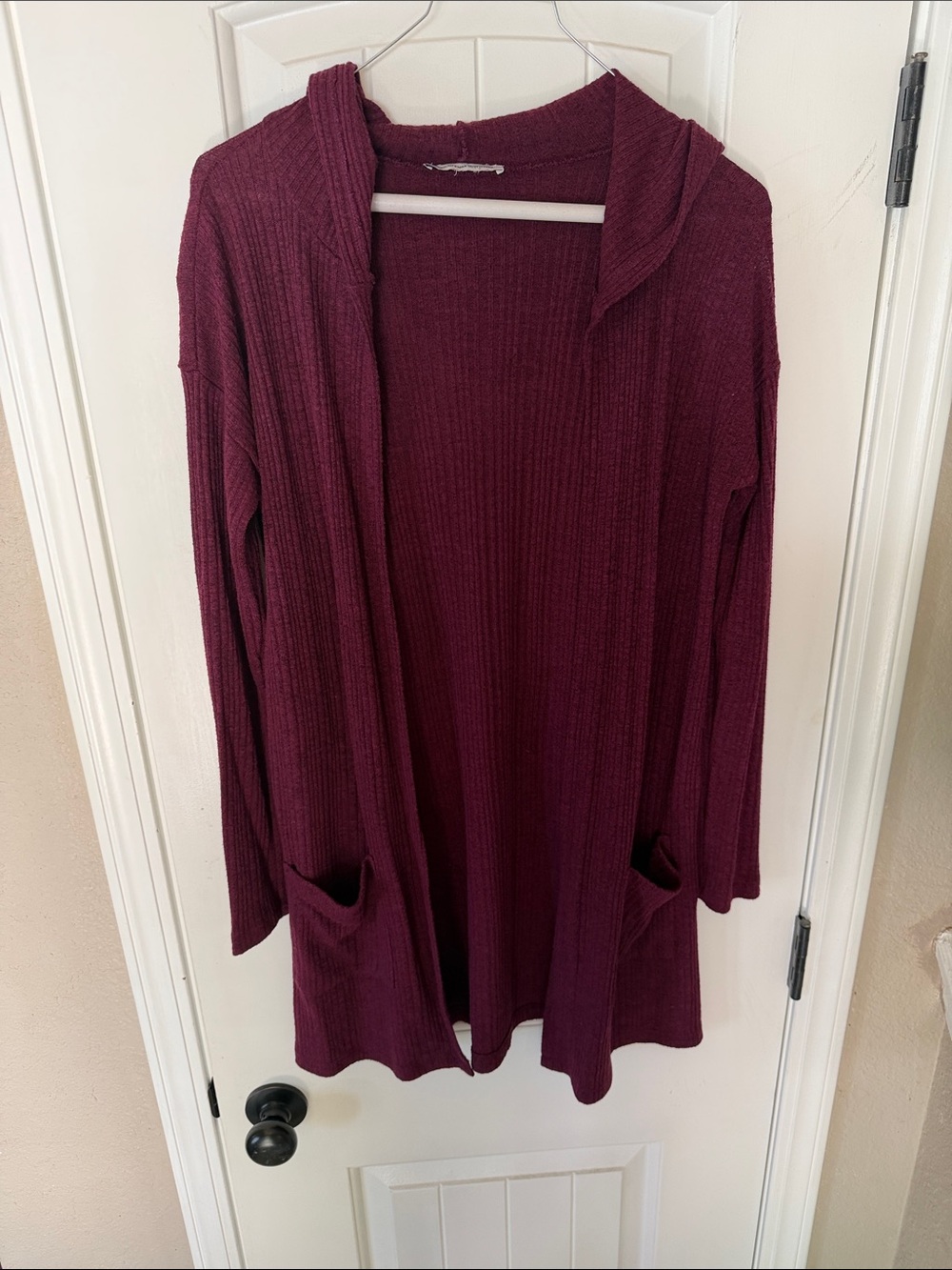 American Eagle Outfitters Ribbed Hooded Open-Front Cardigan - Wine